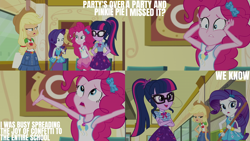 Size: 2000x1125 | Tagged: safe, edit, edited screencap, editor:quoterific, screencap, applejack, pinkie pie, rarity, sci-twi, twilight sparkle, human, best trends forever, equestria girls, g4, my little pony equestria girls: better together, armpits, arms in the air, clothes, hands in the air, rah rah skirt, rarity peplum dress, shirt, skirt, sleeveless, sleeveless shirt, tank top