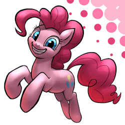 Size: 1400x1400 | Tagged: safe, artist:murskme, pinkie pie, earth pony, pony, g4, female, grin, jumping, looking at you, mare, simple background, smiling, solo, white background