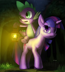 Size: 1900x2100 | Tagged: safe, artist:murskme, spike, twilight sparkle, dragon, pony, unicorn, g4, dragons riding ponies, duo, eyes in the dark, female, forest, glowing, glowing eyes, lantern, mare, night, riding, spike riding twilight, unicorn twilight