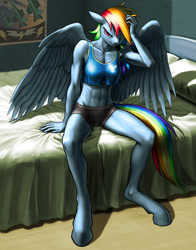 Size: 1650x2100 | Tagged: safe, artist:murskme, rainbow dash, pegasus, anthro, unguligrade anthro, g4, abs, annoyed, armpits, bed, belly button, breasts, clothes, female, irritated, one eye closed, partially open wings, reasonably sized breasts, shorts, sitting, solo, sports shorts, tank top, wings