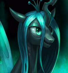 Size: 2520x2700 | Tagged: safe, artist:murskme, queen chrysalis, changeling, changeling queen, g4, bust, female, gradient background, grin, high res, portrait, smiling, solo, wings