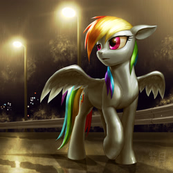 Size: 2500x2500 | Tagged: safe, artist:murskme, rainbow dash, pegasus, pony, g4, asphalt, bush, city, city lights, complex background, digital art, dripping, female, high res, lamppost, lighting, mare, night, open mouth, outdoors, painting, puddle, railing, rain, raised hoof, reflection, road, scenery, scenery porn, shadow, solo, spread wings, standing, street lights, streetlight, turned head, wet, wet mane, wings