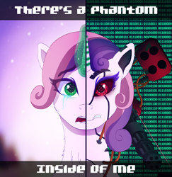 Size: 2980x3060 | Tagged: safe, alternate version, artist:autumnsfur, sweetie belle, gynoid, pony, robot, robot pony, unicorn, two sided posters, g4, angry, bust, chest fluff, code, crying, cybernetic eyes, dawn, destabilize, detailed background, digital art, duo, evening, evil, eyelashes, female, green eyes, green magic, gritted teeth, gun, high res, horn, laser, looking at you, machine gun, mare, open mouth, pink hair, pink mane, portrait, purple hair, purple mane, red eyes, rocket launcher, scared, sentry gun, sweetie bot, tears of pain, teeth, text, two sides, upset, warning sign, weapon, white coat, white fur, wires