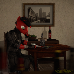 Size: 2160x2160 | Tagged: safe, artist:fireemerald123, oc, oc only, oc:page feather, anthro, 3d, alcohol, clothes, gun, handgun, high res, jacket, leather, leather jacket, male, male oc, revolver, solo, source filmmaker, table, trenchcoat, voidpunk, watermark