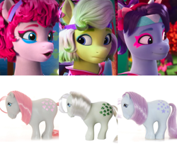Size: 1400x1200 | Tagged: safe, edit, edited screencap, screencap, blue belle, blue belle (g5), minty (g1), minty (g5), snuzzle, snuzzle (g5), earth pony, pony, bridlewoodstock (make your mark), g1, g5, my little pony: make your mark, my little pony: make your mark chapter 4, spoiler:my little pony: make your mark chapter 4, spoiler:mymc04e01, bridlewoodstock, comparison, dreamlands, eyeliner, g1 to g5, generation leap, makeup, toy