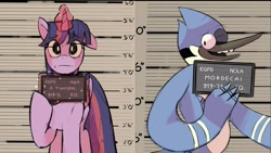 Size: 1638x922 | Tagged: safe, artist:nolazzelbark, twilight sparkle, alicorn, bird, blue jay, pony, g4, barbie, barbie (film), barbie mugshot meme, crossover, crossover shipping, duo, duo male and female, female, looking at you, magic, male, meme, mordecai, mordetwi, mugshot, one ear down, one eye closed, regular show, shipping, smiling, straight, sweat, sweatdrop, telekinesis, twilight sparkle (alicorn), wink, winking at you, worried