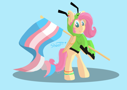 Size: 3508x2480 | Tagged: safe, artist:shooting star, fluttershy, pegasus, pony, antonymph, cutiemarks (and the things that bind us), vylet pony, g4, bipedal, female, fluttgirshy, gir, high res, invader zim, pride, pride flag, pride month, trans female, trans fluttershy, transgender, transgender pride flag