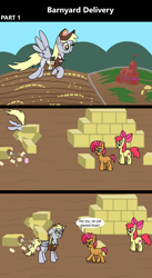 Size: 1920x3516 | Tagged: safe, artist:platinumdrop, apple bloom, babs seed, derpy hooves, earth pony, pegasus, pony, comic:barnyard delivery, g4, 3 panel comic, accident, angry, annoyed, bag, barn, bow, building, clothes, comic, commission, crash, delivery, dialogue, dirt, dirty, disheveled, ears back, envelope, farm, female, fence, fencing, filly, flank, floppy ears, flying, foal, folded wings, food, hair bow, hat, hay, hay bale, letter, looking at each other, looking at someone, mail, mailmare, mailmare hat, mailmare uniform, mare, messy, messy mane, muffin, open mouth, outdoors, sky, smiling, speech bubble, spread wings, surprised, sweet apple acres, talking, trio, trio female, uniform, walking, wings, yelling