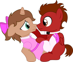 Size: 3026x2575 | Tagged: safe, artist:peternators, oc, oc:heroic armour, oc:slide fortissimo, pegasus, pony, unicorn, g4, bow, bowtie, clothes, colt, crossdressing, dress, floppy ears, foal, hair bow, high res, looking at each other, looking at someone, male, mary janes, shoes, show accurate, shy, simple background, socks, thigh highs, transparent background