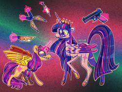 Size: 2048x1536 | Tagged: safe, artist:mrraapeti, sunny starscout, twilight sparkle, alicorn, pony, g5, anarchy, duo, folded wings, glowing, glowing horn, gradient background, gun, height difference, horn, knife, magic, magic aura, mane stripe sunny, race swap, scissors, spread wings, stylized, sunny and her heroine, sunnycorn, syringe, telekinesis, thin legs, twilight sparkle (alicorn), weapon, wings