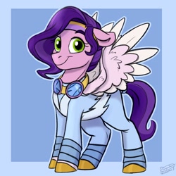 Size: 1200x1200 | Tagged: safe, artist:rutkotka, pipp petals, pegasus, pony, g5, adorapipp, clothes, cute, female, flight suit, goggles, jumpsuit, looking at you, mare, simple background, smiling, solo, spread wings, wings
