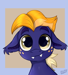 Size: 805x900 | Tagged: safe, artist:rutkotka, oc, oc only, oc:midnight rain, bat pony, pony, big eyes, bust, cute, fangs, floppy ears, freckles, looking at you, smiling, smiling at you, solo