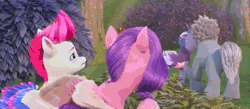 Size: 1502x655 | Tagged: safe, screencap, alphabittle blossomforth, pipp petals, queen haven, zipp storm, pegasus, pony, unicorn, g5, my little pony: make your mark, my little pony: make your mark chapter 4, the jinxie games, spoiler:g5, spoiler:my little pony: make your mark, spoiler:my little pony: make your mark chapter 4, spoiler:mymc04e03, alphabooty, animated, bridlewood, bush, canon ship, couple, disgusted, ear flick, faic, female, floppy ears, forest, gif, kissing, looking at someone, male, mare, outdoors, pipp petals is best facemaker, royal sisters (g5), ship:alphahaven, shipping, shocked, shocked expression, siblings, sisters, stallion, straight, watching, wtf face