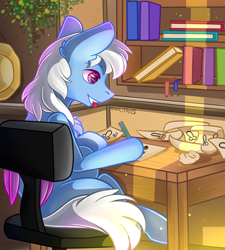 Size: 1823x2022 | Tagged: safe, artist:yuris, oc, oc only, oc:erein rorien, pegasus, pony, book, bookshelf, cabinet, chair, desk, ears up, language, male, male oc, office chair, paper, room, shelf, sitting, solo, writing