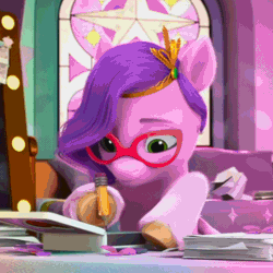 Size: 800x801 | Tagged: safe, screencap, pipp petals, pegasus, pony, bridlewoodstock (make your mark), g5, my little pony: make your mark, my little pony: make your mark chapter 4, spoiler:my little pony: make your mark, spoiler:my little pony: make your mark chapter 4, spoiler:mymc04e01, absurd file size, absurd gif size, adorapipp, animated, bridlewoodstock, cropped, cute, female, gif, glasses, happy, i watch it for the ears, magnetic hooves, mare, pencil, smiling, solo, thinking, writing