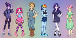 Size: 1024x521 | Tagged: safe, artist:t0byinthesky, applejack, fluttershy, pinkie pie, rainbow dash, rarity, sci-twi, twilight sparkle, human, equestria girls, g4, alternate hairstyle, applejack's hat, bag, belly button, book, boots, bracelet, clothes, cowboy boots, cowboy hat, dress, eyeshadow, female, flats, freckles, glasses, gradient background, hat, high heels, humane five, humane six, jewelry, leggings, lipstick, makeup, midriff, nail polish, overalls, shirt, shoes, shorts, skirt, sneakers, socks, sports bra, sports shorts, stockings, striped socks, sweater, thigh highs