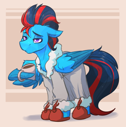 Size: 2416x2432 | Tagged: safe, artist:witchtaunter, oc, oc only, oc:andrew swiftwing, oc:swift sail, crystal pony, pegasus, pony, bathrobe, chest fluff, clothes, coffee, coffee mug, commission, ear fluff, floppy ears, high res, lidded eyes, male, male oc, morning ponies, mug, robe, slippers, solo, tired, wing hold, wings