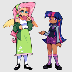 Size: 2560x2550 | Tagged: safe, artist:d0kukiui, fluttershy, twilight sparkle, human, g4, alternate hairstyle, blushing, cardigan, clothes, cute, dark skin, duo, ear piercing, earring, elf ears, eyeshadow, female, flats, gray background, hairband, high res, humanized, jewelry, makeup, piercing, shirt, shoes, shyabetes, simple background, skirt, socks, stockings, sweater vest, tank top, thigh highs, twiabetes, winged humanization, wings