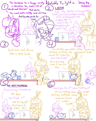 Size: 4779x6013 | Tagged: safe, artist:adorkabletwilightandfriends, moondancer, spike, starlight glimmer, oc, oc:pinenut, cat, dragon, pony, unicorn, comic:adorkable twilight and friends, g4, adorkable, adorkable twilight, behaving like a cat, cat on keyboard, cities skylines, clothes, comic, computer, corrupted, cute, dork, expressions, eyebrows, female, friendship, game box, glasses, happy, insurance fraud, jumping, laptop computer, lying down, male, mare, nervous, petting, scooting, sim city, simulator, sitting, sleepy, slice of life, smiling, sweater, table, tired, unhappy, video game, yawn
