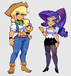 Size: 2478x2650 | Tagged: safe, artist:d0kukiui, applejack, rarity, human, g4, abs, alternate hairstyle, applejack's hat, belly button, belt, boots, clothes, cowboy boots, cowboy hat, cute, denim, duo, ear piercing, earring, elf ears, eyeshadow, female, freckles, gray background, hat, high heels, high res, humanized, jackabetes, jeans, jewelry, lipstick, makeup, midriff, moderate dark skin, nail polish, pants, piercing, raribetes, shirt, shoes, simple background, skirt, stockings, thigh highs, wristband