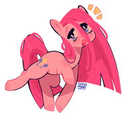 Size: 2690x2445 | Tagged: safe, artist:d0kukiui, pinkie pie, earth pony, pony, g4, cute, diapinkes, emanata, female, heart tongue, high res, mare, open mouth, pinkamena diane pie, raised hoof, raised leg, simple background, solo, white background