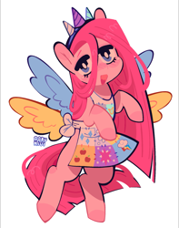 Size: 1537x1947 | Tagged: safe, artist:d0kukiui, pinkie pie, earth pony, pony, fanfic:cupcakes, g4, applejack's cutie mark, apron, clothes, cute, cutie mark dress, derpy's cutie mark, diapinkes, dress, female, hairband, horn, lyra heartstrings' cutie mark, mare, open mouth, pinkamena diane pie, rarity's cutie mark, simple background, solo, twilight sparkle's cutie mark, white background, wings