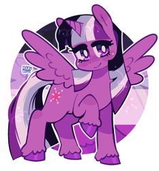 Size: 1942x2084 | Tagged: safe, artist:d0kukiui, part of a set, twilight sparkle, alicorn, pony, g4, alternate mane color, asexual, asexual pride flag, blushing, cute, female, looking at you, mare, pride, pride flag, pride month, raised hoof, simple background, smiling, solo, spread wings, standing, twiabetes, twilight sparkle (alicorn), unshorn fetlocks, white background, wings