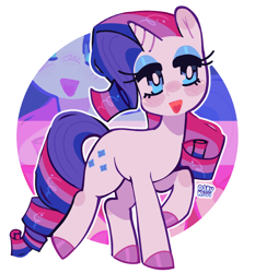 Size: 1942x2084 | Tagged: safe, artist:d0kukiui, part of a set, rarity, pony, unicorn, g4, alternate mane color, bisexual pride flag, blushing, colored hooves, cute, eyeshadow, female, makeup, mare, open mouth, pride, pride flag, pride month, raised hoof, raised leg, raribetes, simple background, smiling, solo, unshorn fetlocks, walking, white background