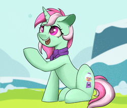 Size: 2600x2200 | Tagged: safe, artist:dumbwoofer, minty bubblegum, pony, unicorn, g4, clothes, cute, ear fluff, female, field, floppy ears, grass, happy, high res, hill, looking up, mare, open mouth, open smile, raised hoof, scarf, sitting, smiling, snow, snowfall, snowflake, solo, winter