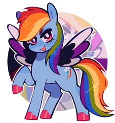 Size: 1942x2084 | Tagged: safe, artist:d0kukiui, part of a set, rainbow dash, pegasus, pony, g4, blushing, colored hooves, colored wings, cute, dashabetes, demisexual, demisexual pride flag, female, looking at you, mare, multicolored wings, open mouth, pride, pride flag, pride month, raised hoof, simple background, smiling, solo, spread wings, standing, unshorn fetlocks, white background, wings