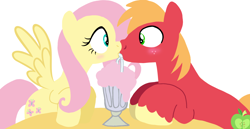 Size: 1980x1020 | Tagged: safe, artist:mlplary6, big macintosh, fluttershy, earth pony, pegasus, pony, g4, accidental kiss, blushing, boyfriend and girlfriend, drink, duo, female, food, looking at each other, looking at someone, male, mare, milkshake, sharing a drink, ship:fluttermac, shipping, simple background, stallion, straight, white background