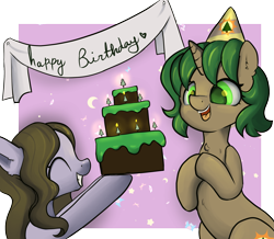Size: 2315x2020 | Tagged: safe, artist:dumbwoofer, oc, oc only, oc:dumbwoofer, oc:pine shine, earth pony, pony, unicorn, birthday, birthday cake, cake, candle, celebration, chest fluff, chocolate cake, duo, ear fluff, eyes closed, female, food, grin, happy, happy birthday, hat, high res, mare, open mouth, party hat, simple background, smiling, transparent background