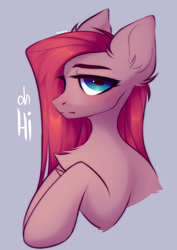 Size: 1760x2492 | Tagged: safe, artist:monphys, pinkie pie, earth pony, pony, g4, big ears, bust, chest fluff, dialogue, female, frown, hi, lidded eyes, mare, pinkamena diane pie, portrait, signature, simple background, solo