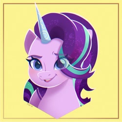 Size: 1280x1280 | Tagged: safe, artist:puyohh, starlight glimmer, pony, unicorn, g4, g5, bust, eye clipping through hair, eyebrows, eyebrows visible through hair, female, g4 to g5, generation leap, looking at you, mare, open mouth, open smile, portrait, smiling, solo