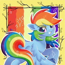 Size: 1280x1280 | Tagged: safe, artist:puyohh, rainbow dash, pegasus, pony, g4, eye clipping through hair, eyebrows, eyebrows visible through hair, grin, looking at you, smiling, solo, sparkles, spread wings, wings