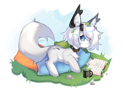 Size: 3000x2199 | Tagged: safe, artist:monphys, oc, oc only, cat, cat pony, earth pony, original species, pony, book, chest fluff, collar, high res, horn, pillow, solo