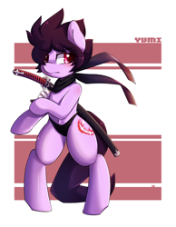 Size: 1400x1800 | Tagged: safe, artist:tikrs007, oc, oc only, oc:yumi, earth pony, pony, semi-anthro, belly button, bipedal, clothes, commission, female, katana, mare, ninja, panties, scarf, solo, sword, thong, underwear, weapon