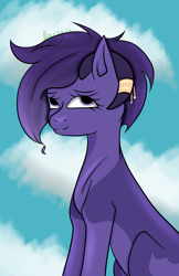Size: 3500x5400 | Tagged: safe, artist:thecommandermiky, oc, oc only, oc:miky command, deer, deer pony, original species, cloud, cloudy, deer oc, happy, horn, horn jewelry, jewelry, looking at you, non-pony oc, purple coat, purple eyes, purple hair, purple mane, sitting, sky, smiling, smiling at you, solo
