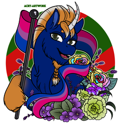 Size: 3050x3150 | Tagged: safe, artist:acry-artwork, oc, oc only, oc:venomous stray, pony, unicorn, bisexual pride flag, bust, commission, flower, high res, male, male oc, portrait, pride, pride flag, pride month, simple background, solo, stallion, transparent background, ych result