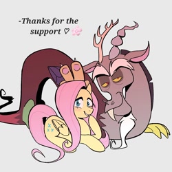 Size: 1080x1080 | Tagged: safe, artist:naquelinedelch2, discord, fluttershy, draconequus, pegasus, pony, g4, antlers, blushing, bunny ears (gesture), duo, female, flower, heart, horn, interspecies, looking at you, lying down, male, peace sign, shadow, ship:discoshy, shipping, simple background, sitting, straight, support, thank you, thanks