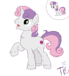 Size: 1805x1993 | Tagged: safe, artist:taeko, derpibooru exclusive, sweetie belle, pony, unicorn, g4, cheek fluff, chest fluff, ear fluff, hoof fluff, looking offscreen, male, older, raised hoof, rule 63, signature, silver bell, simple background, sketch, solo, stallion, trans male, trans stallion sweetie belle, transgender, white background
