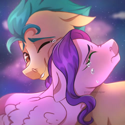 Size: 1280x1280 | Tagged: safe, artist:primrosepaper, hitch trailblazer, pipp petals, earth pony, pegasus, pony, g5, cloud, crying, cute, duo, ears, eyes closed, female, floppy ears, male, mare, neck hug, night, one eye open, ship:pitch, shipping, signature, sky, stallion, stars, straight