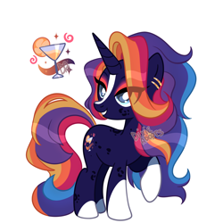 Size: 2000x2000 | Tagged: safe, artist:dixieadopts, oc, oc only, oc:citric nights, pony, unicorn, blaze (coat marking), blue eyes, body freckles, coat markings, dappled, ear piercing, earring, eye clipping through hair, eyeshadow, facial markings, female, freckles, high res, horn, jewelry, leg freckles, lidded eyes, looking back, makeup, mare, offspring, parent:starlight glimmer, parent:sunburst, parents:starburst, piercing, raised hoof, simple background, smiling, socks (coat markings), solo, standing, transparent background, unicorn oc