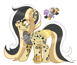 Size: 2000x1711 | Tagged: safe, artist:dixieadopts, oc, oc only, hybrid, pegasus, pony, sphinx, body markings, bracelet, chest fluff, colored belly, colored wings, colored wingtips, ear fluff, eyeshadow, female, folded wings, golden eyes, golden wings, hooves, jewelry, leopard print, lidded eyes, long mane, long tail, makeup, mare, open mouth, pegasus oc, simple background, smiling, solo, spots, standing, tail, transparent background, wings, yellow eyes