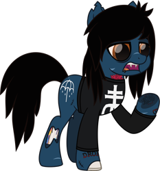 Size: 989x1061 | Tagged: safe, artist:lightningbolt, derpibooru exclusive, earth pony, pony, undead, zombie, zombie pony, g4, .svg available, bloodshot eyes, bone, bring me the horizon, clothes, colored pupils, drop dead clothing, fangs, lidded eyes, lip piercing, long sleeves, male, movie accurate, oliver sykes, open mouth, piercing, ponified, raised hoof, scar, shirt, simple background, solo, stallion, stitches, svg, tattoo, transparent background, underhoof, vector