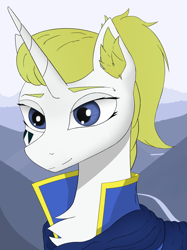 Size: 2495x3330 | Tagged: safe, artist:kingrow1, oc, oc only, oc:honoria, oc:queen honoria, pony, unicorn, equestria at war mod, abstract background, bust, clothes, eyebrows, female, high res, horn, mare, portrait, smiling, solo, unicorn oc