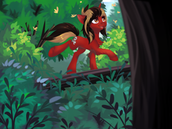 Size: 4000x3000 | Tagged: safe, alternate version, artist:xvostik, pony, unicorn, all time low, bridge, chest fluff, clothes, commission, day, dyed mane, dyed tail, happy, horn, jack barakat, male, open mouth, outdoors, plant, ponified, shirt, solo, stallion, tail, tree, walking, ych result
