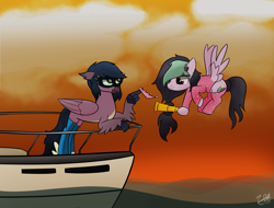 Size: 2495x1900 | Tagged: safe, artist:cobaltskies002, oc, oc:galactic lights, oc:wendy skysea, hippogriff, pegasus, pony, boat, burglar, converse, crime, criminal, hippogriff oc, jewelry, pegasus oc, robbery, shoes, sky, story included, telescope, thief, tiara, yacht