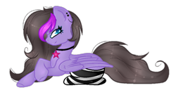 Size: 916x470 | Tagged: safe, artist:angellightyt, oc, oc only, pegasus, pony, base used, choker, clothes, ear piercing, female, lying down, mare, pegasus oc, piercing, prone, simple background, smiling, socks, solo, striped socks, transparent background, wings