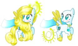 Size: 3172x1891 | Tagged: safe, artist:angellightyt, oc, oc only, oc:angel light, pegasus, pony, bald, base used, colored wings, duo, female, halo, hoof shoes, looking back, mare, pegasus oc, simple background, smiling, transparent background, two toned wings, wings